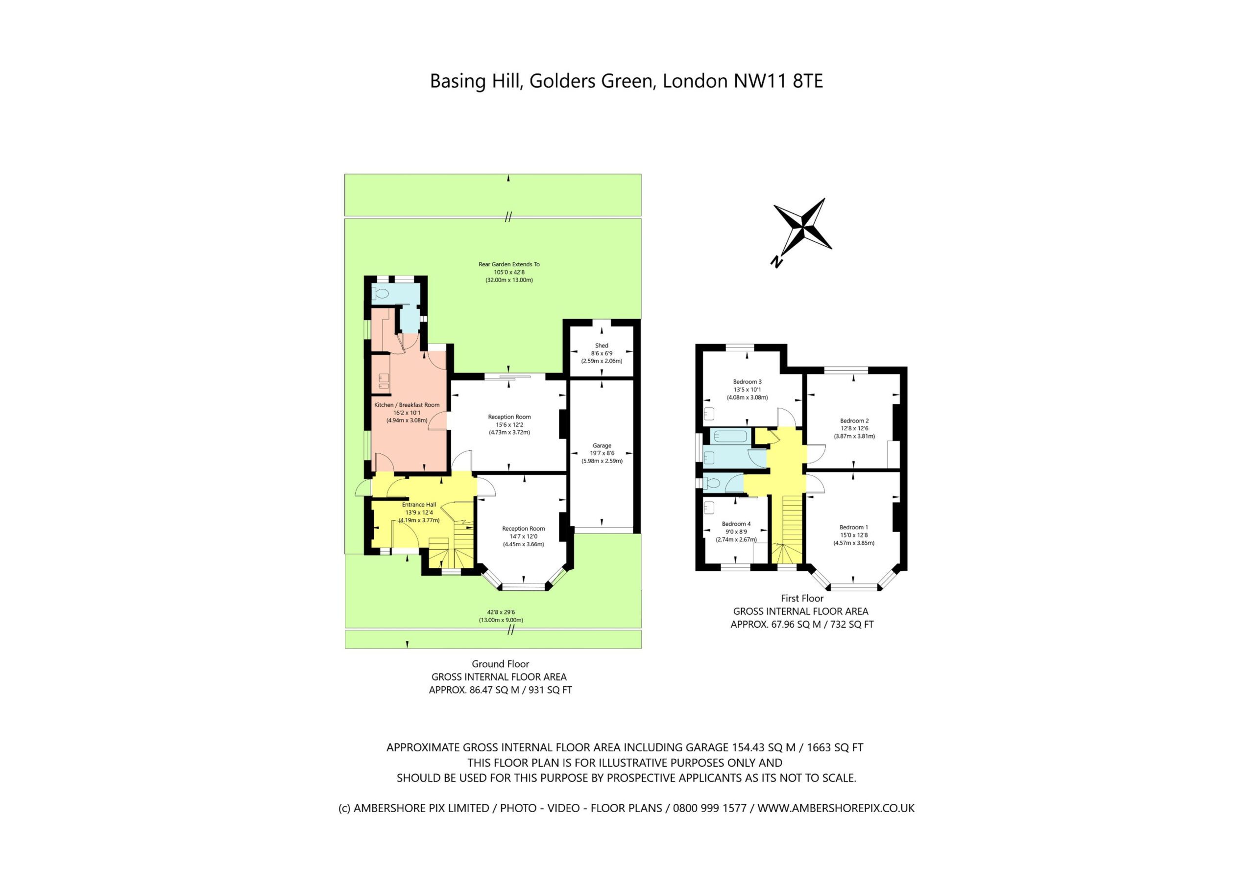 Colour-coded property floor plan for Basing Hill, Golders Green, showing ground floor, first floor, garden, garage, room labels and measured floor areas.
