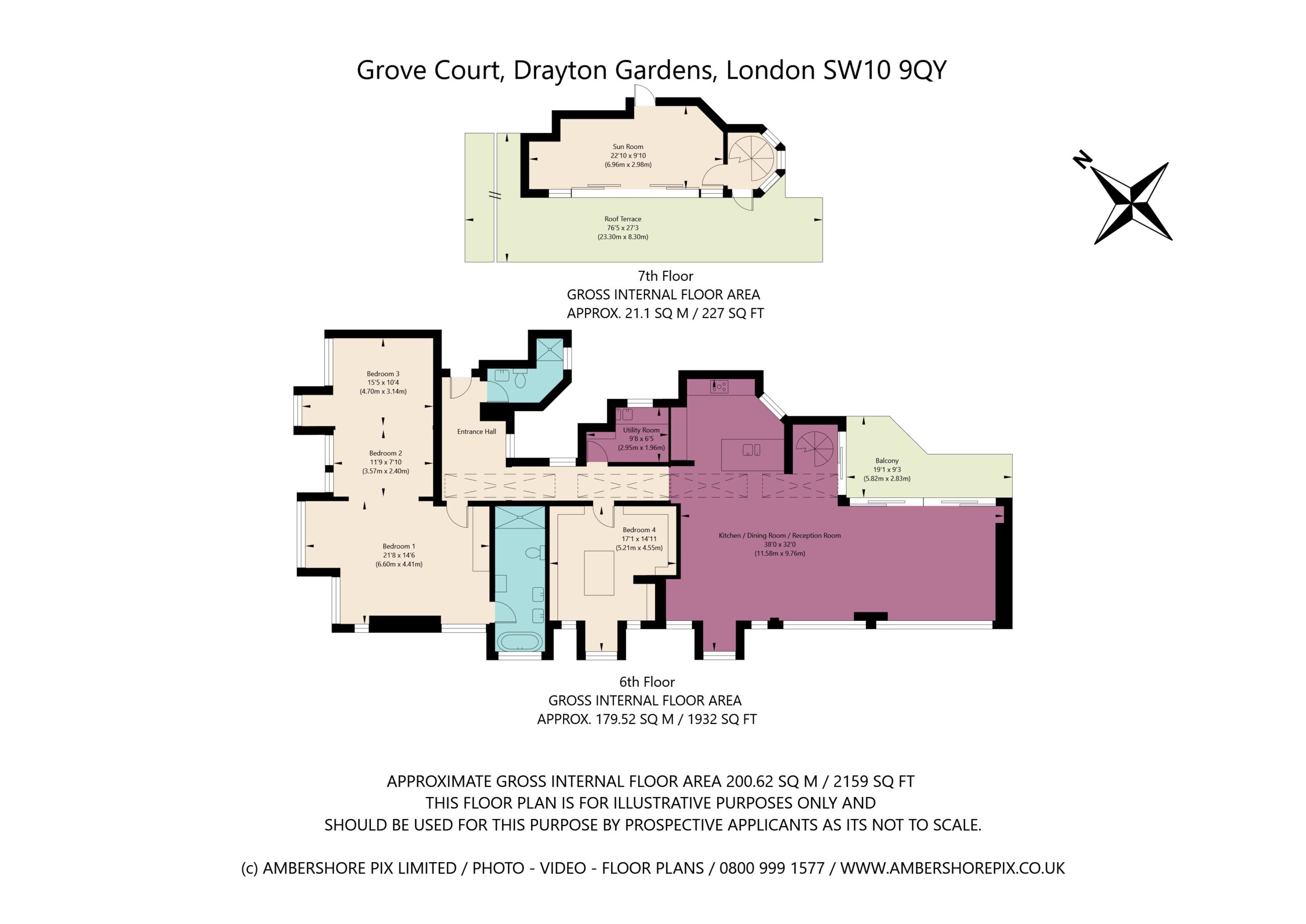 Colour-coded penthouse floor plan for Drayton Gardens, London SW10, showing sixth and seventh floor layouts, roof terrace, balconies, room labels and floor areas.