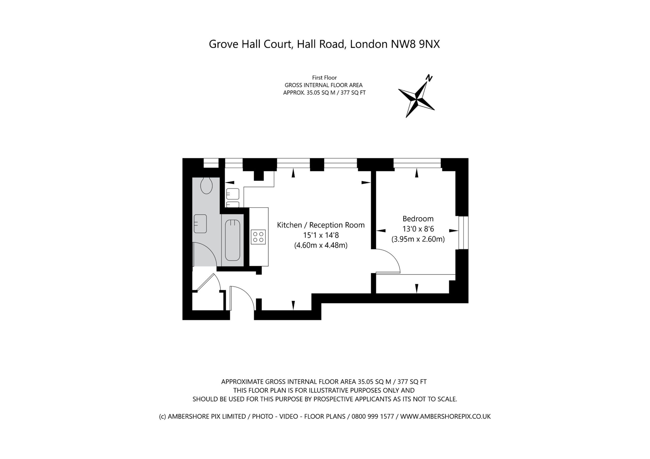 Measured flat floor plan for Grove Hall Court, London NW8, showing kitchen, reception room, bedroom, bathroom and approximate gross internal floor area.