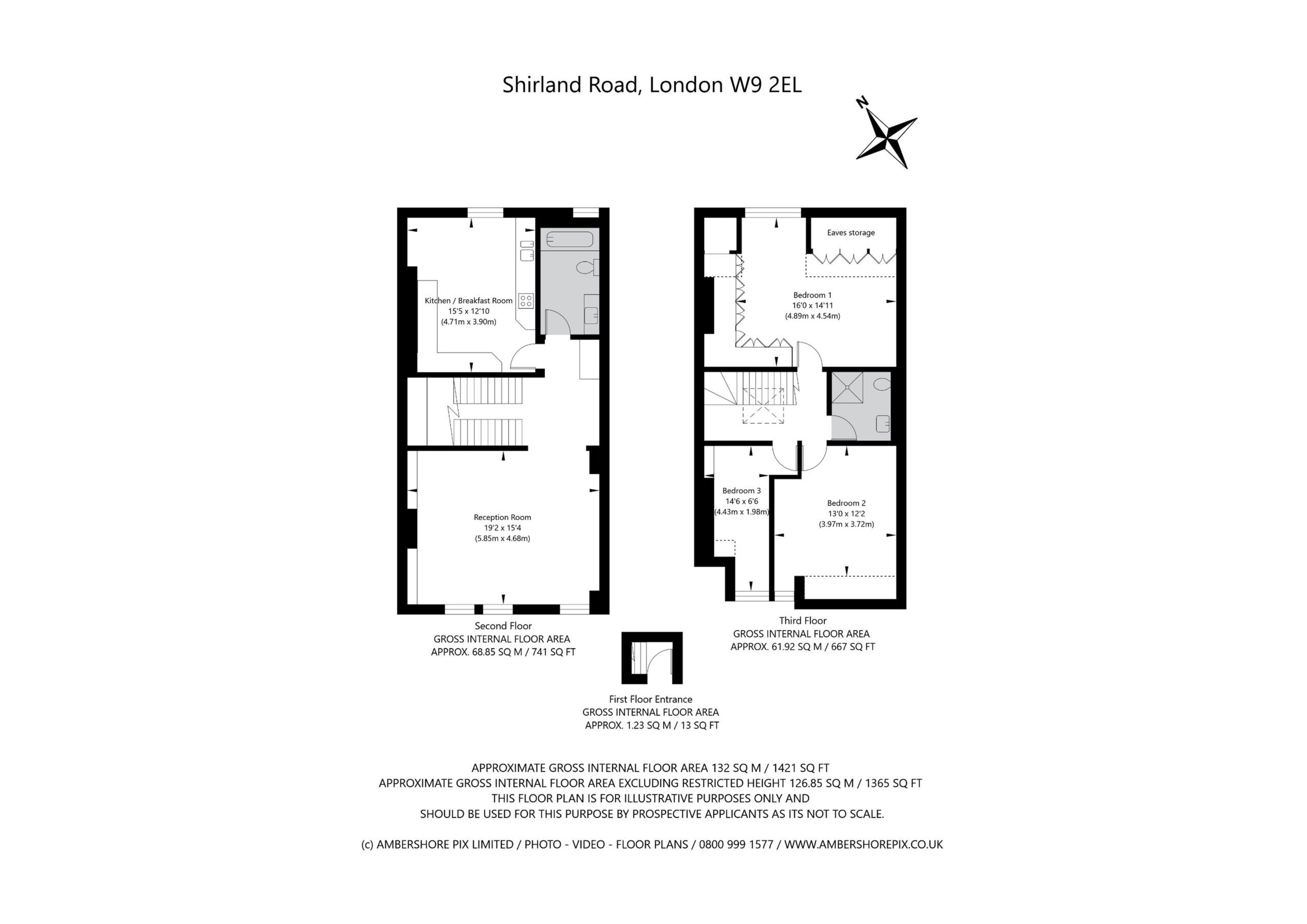 Property floor plan for Shirland Road, London W9, showing second floor, third floor and first floor entrance layouts with room dimensions and gross internal floor area.