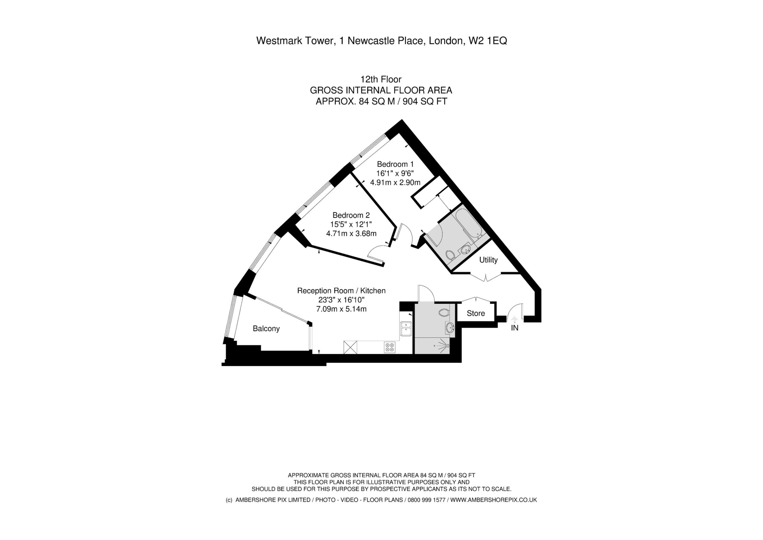 Apartment floor plan for Westmark Tower, London W2, showing two bedrooms, reception room, kitchen, balcony, utility room, store and measured internal floor area.