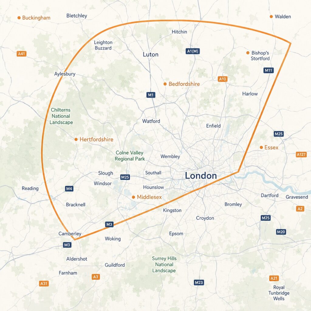 Ambershore Pix property photography service coverage map for London and surrounding areas