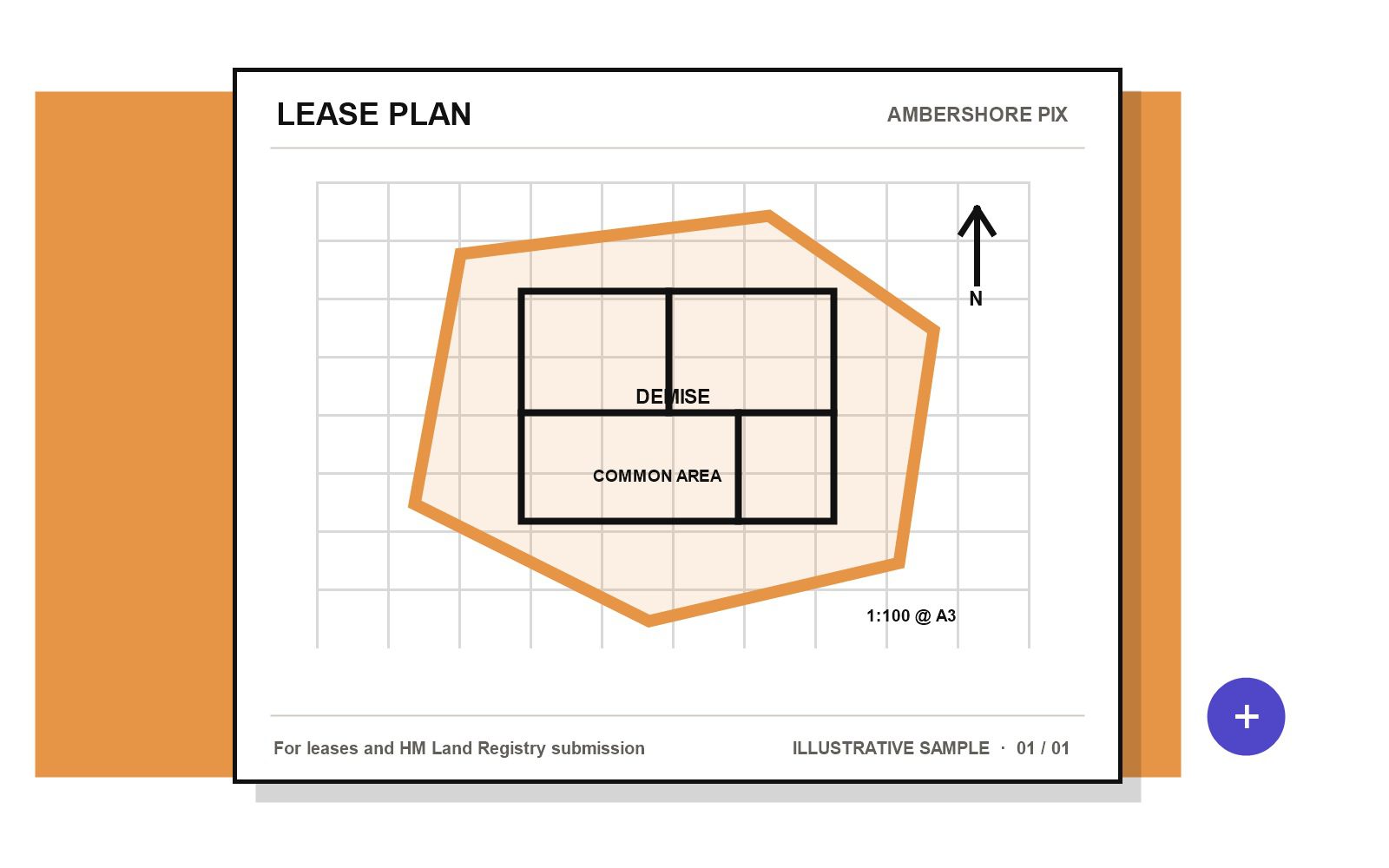 Illustrative Land Registry-compliant lease plan showing the demised area, common area, north point and 1:100 scale